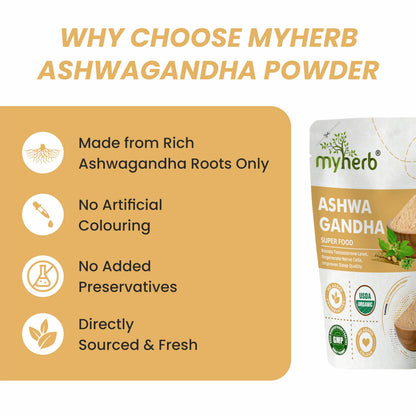 MYHERB 100% Pure Natural Organic Ashwagandha Powder || 100 Gm || Withania Somnifera || Ayurvedic Formula || Support for Stress-free Living- For Men And Women