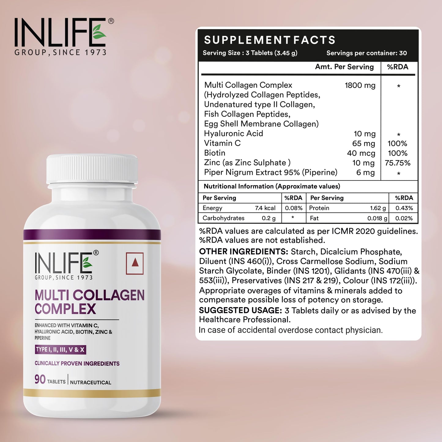 INLIFE Multi Collagen Complex Tablets | 5 Types Peptides I, II, III, V & X with Biotin, Hyaluronic Acid | Collagen Powder Supplements for Women & Men - 90 Tablets (Pack of 1)