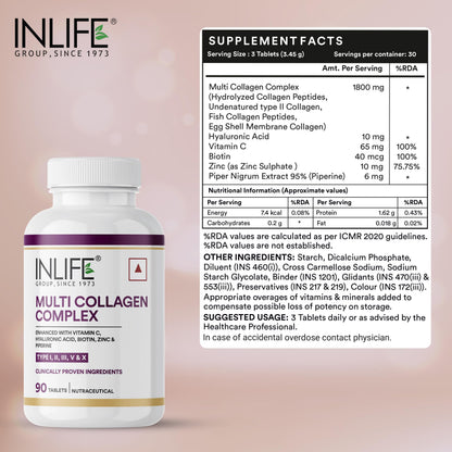 INLIFE Multi Collagen Complex Tablets | 5 Types Peptides I, II, III, V & X with Biotin, Hyaluronic Acid | Collagen Powder Supplements for Women & Men - 90 Tablets (Pack of 1)