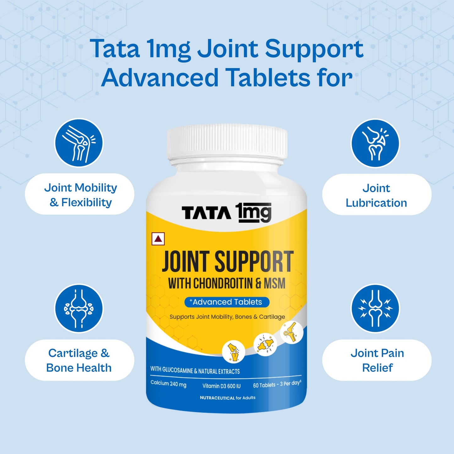 Tata 1mg Joint Support Advanced Tablet with Glucosamine, MSM, & Chondroitin, For Men & Women, Pack of 60 Tablets