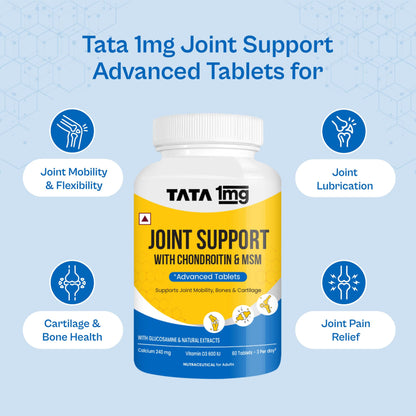 Tata 1mg Joint Support Advanced Tablet with Glucosamine, MSM, & Chondroitin, For Men & Women, Pack of 60 Tablets