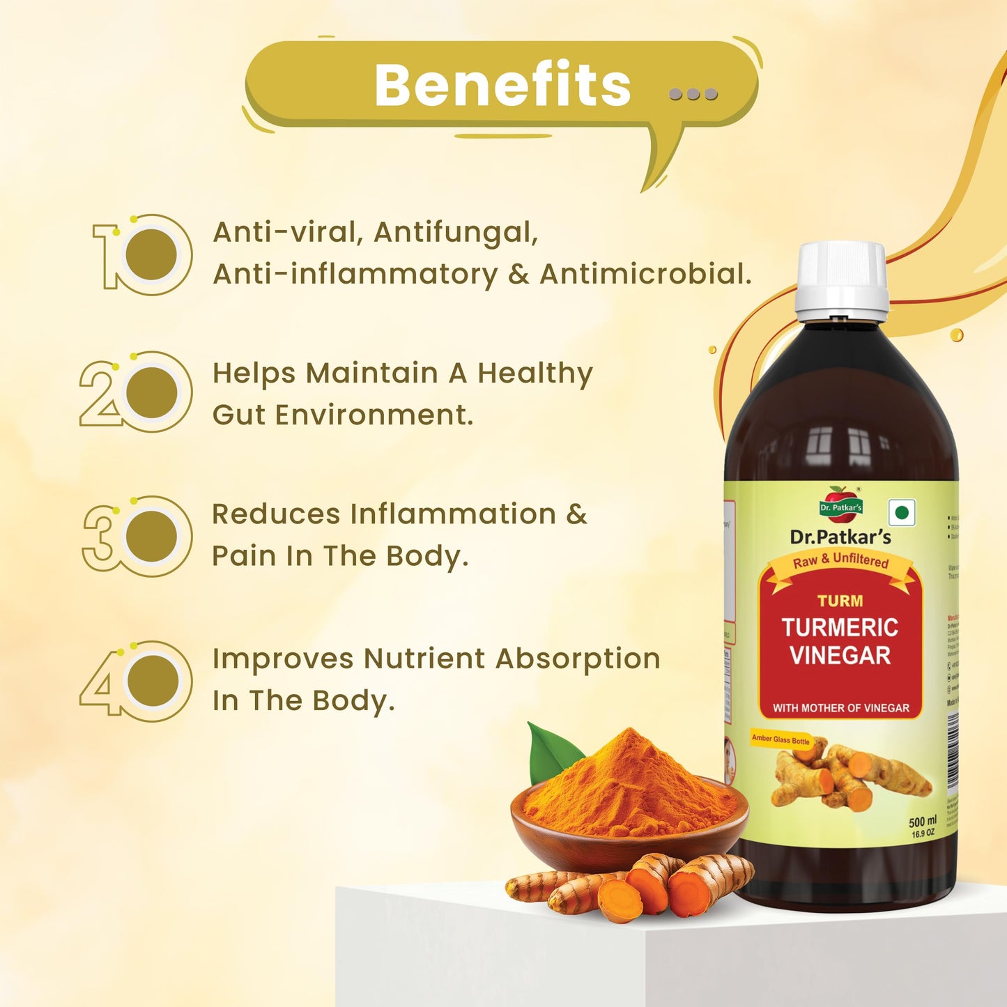 Dr. Patkar's Apple Cider Vinegar with Turmeric Vinegar & Black Pepper Extract |Weight Management, Boost Immunity & Detox, Skin Health |500ml