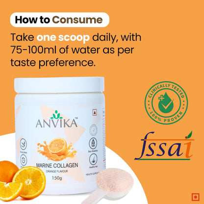 Anvika Marine Collagen Peptides Supplement for Skin, Hair, Nails. Bone & Joint | Clinically Proven | Hydrolyzed Marine Collagen Peptides | Collagen Supplements for Women & Men, Orange Flavour, 150 gms