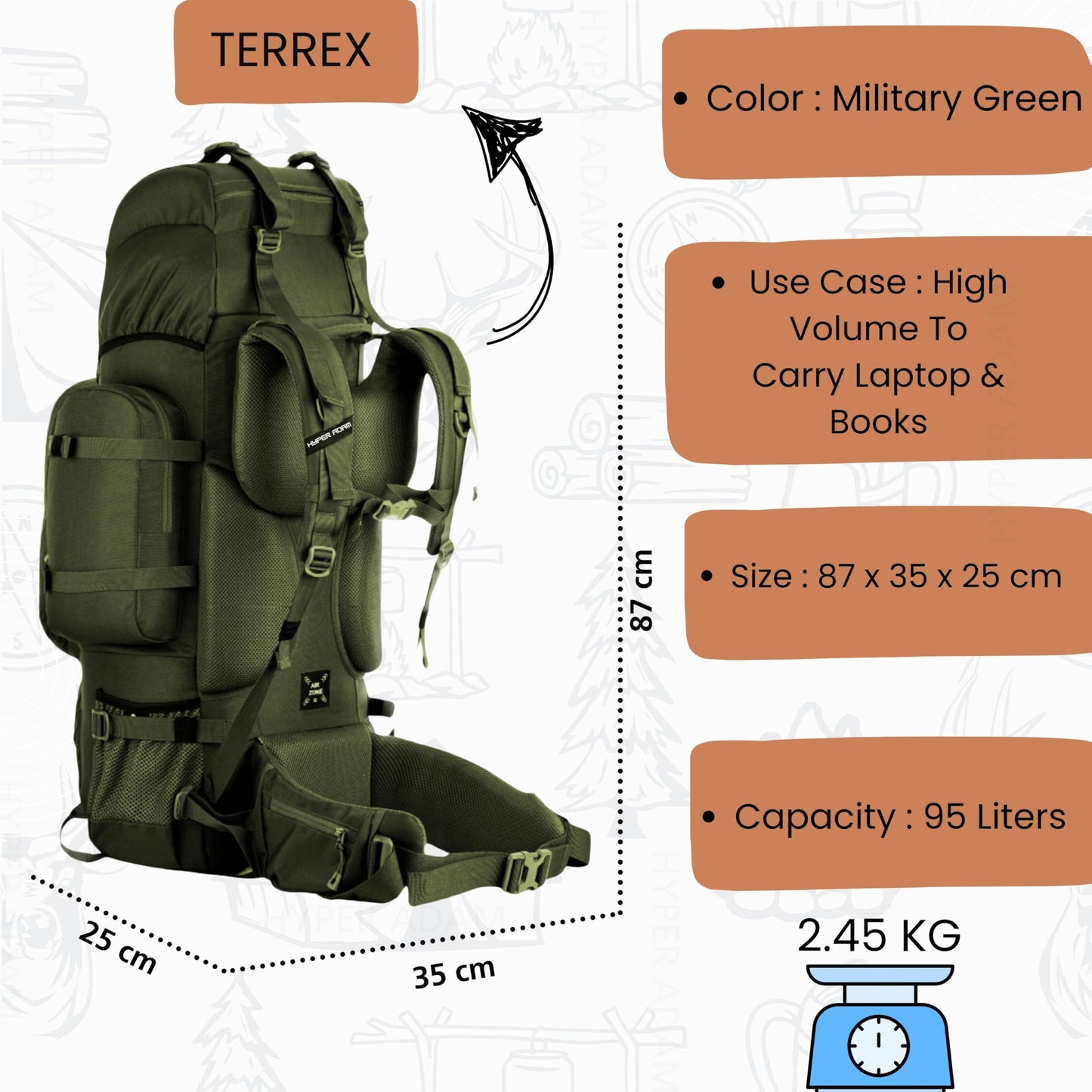 Hyper Adam 95 Ltr Rucksack With Detachable Hiking Backpack & Rain Cover for Trekking & Travelling | Mountain Bags For Men & Women| Backpack Military Grade Made With 3 Year Warranty (Military Green)