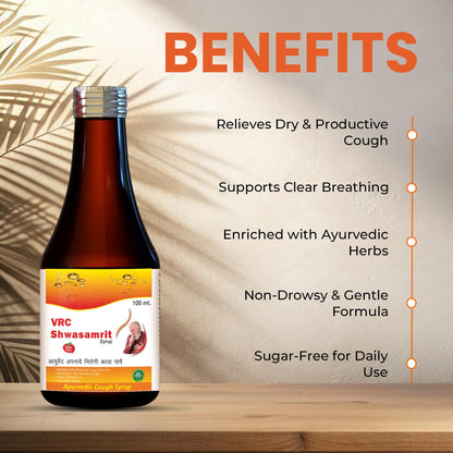 VRC Healthcare Shwasamrit Syrup 100ml | Ayurvedic Supplement with Tulsi, Pippali & +14 Herbs | Relief from Dry, Soothes Throat Irritation & Cold Cough | Non-Sedative & Non-Alcoholic Syrup (Pack of 2)