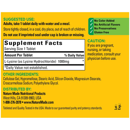 Nature Made L-Lysine 1000 mg 60 Tablets