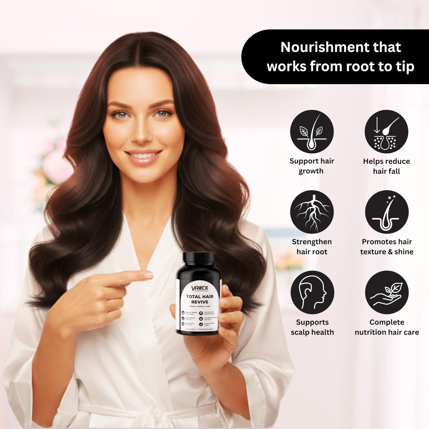 VREEX Total Hair Revive | Hair Growth & Strength Supplement with Biotin, Keratin, MSM, Bamboo Extract, Saw Palmetto & Vitamins | Supports Healthy Hair, Scalp & Shine | 60 Capsules