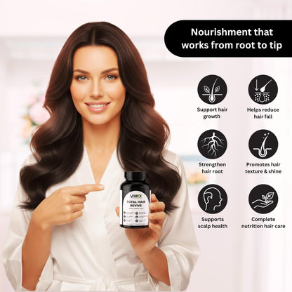 VREEX Total Hair Revive | Hair Growth & Strength Supplement with Biotin, Keratin, MSM, Bamboo Extract, Saw Palmetto & Vitamins | Supports Healthy Hair, Scalp & Shine | 60 Capsules