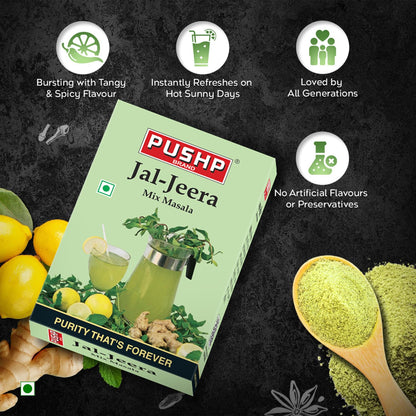 Pushp Brand Jal Jeera Powder (Masala) 100 g BOX | Pack of 1 | Instant Drink Mix Masala for Refreshing Summer Drink & Chat, Mint & Cumin Blend, No Artificial Colours | Hygienically Packed |