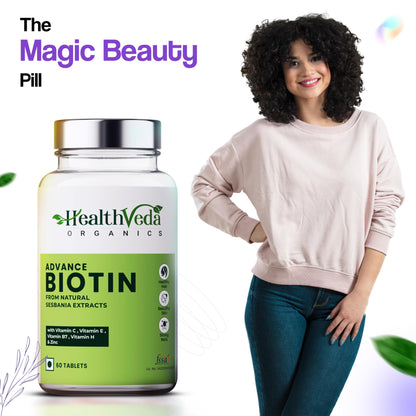 Health Veda Organics Advanced Biotin Tablets | Boosts Keratin Production & Improves Hair Thickness with Natural Sesbania Agati Leaf Extract | Hair Vitamins (Biotin, Vitamin E & Copper) for Healthy Hair, Skin & Nails | For Both Men & Women (60 Tablets)