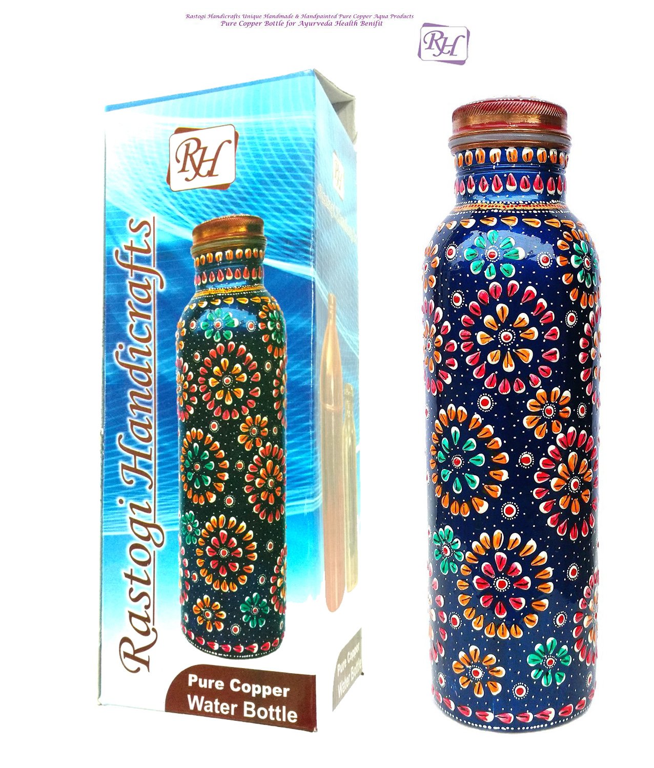 Pure Copper Water Bottle for Ayurvedic Health Benefits (Joint Free & Leak Proof) Hand Painted Art Work