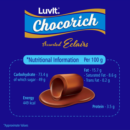 LuvIt Chocorich Assorted Eclairs Birthday Party Gift Chocolate Combo - Hazelnut, Dark Choco, Classic & Chocorich Chocolate Eclairs 1807gm - Pack of 4