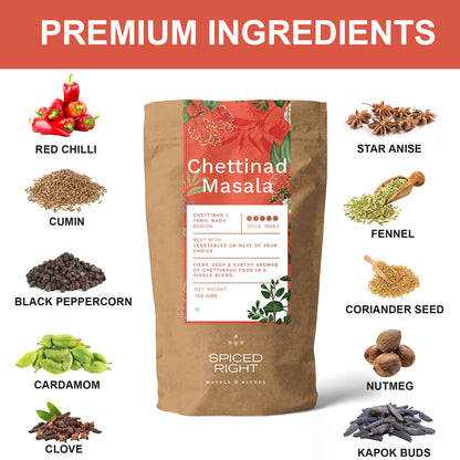 Spiced Right Chettinad Masala (100 Gm) with Natural Ingredients | No Preservative or Artificial Colours | Enriched with Red Chilli, Kapok Buds, Star Anise, Black Peppercorn, Coriander Seed
