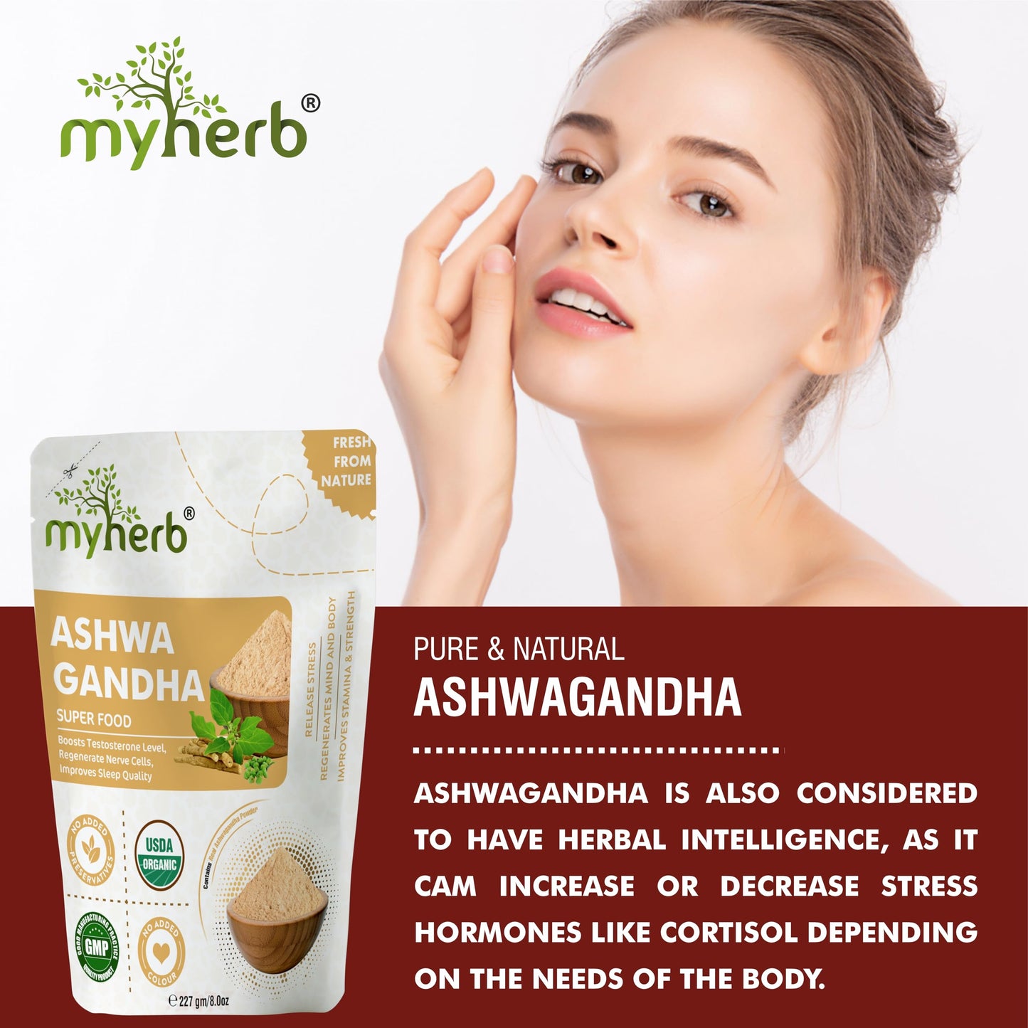 MYHERB 100% Pure Natural Organic Ashwagandha Powder || 227 Gm || Withania Somnifera || Ayurvedic Formula || Support for Stress-free Living- For Men And Women