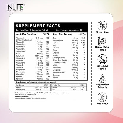 INLIFE Multivitamin for Women Supplement, Biotin D3 Calcium, 60 Veg Caps