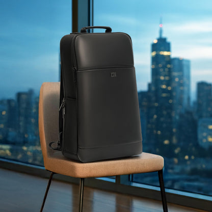 ICON The Professional Laptop Backpack 18L | Premium Vegan Leather Fits 15.6" Laptops | USB Charging Port with Zippers Luggage Sleeve, Water-Resistant & Multipurpose Unisex Bag - Black