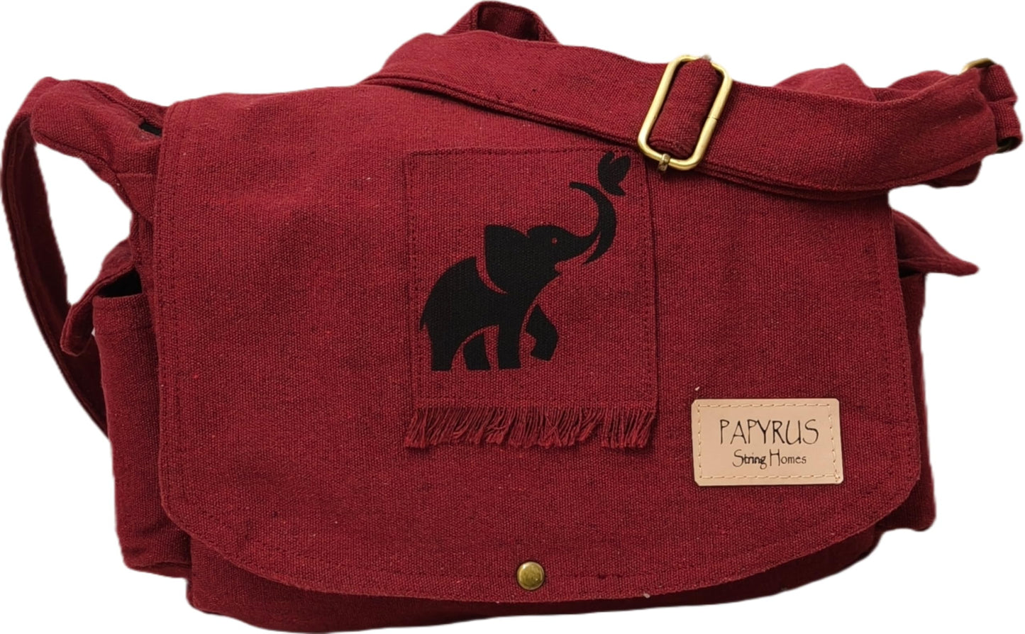 Papyrus Canvas Messenger Sling Bag,(32X23X10cm, 7.5L) Medium Size. Patching with Elephant Design (RED MAROON)