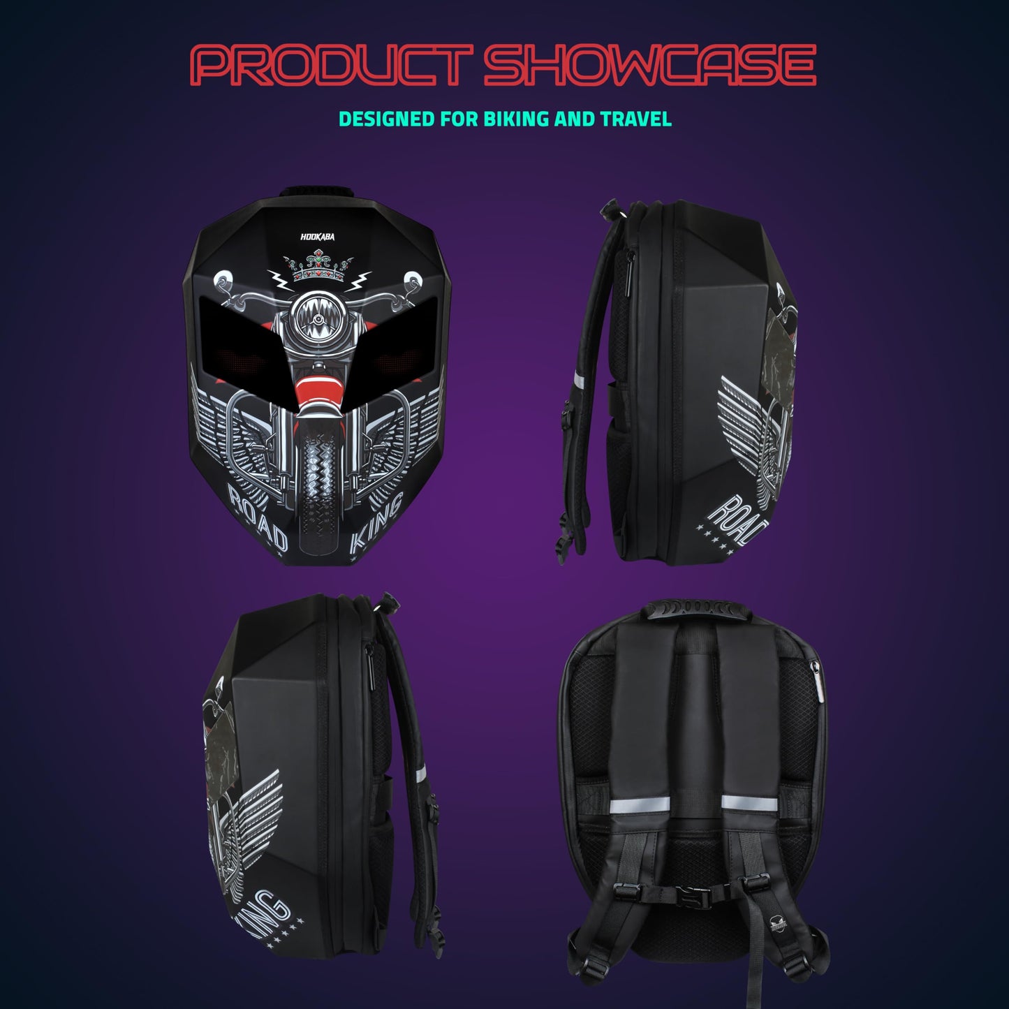 Hookaba: LED Eyes Adventure Motorcycle, Bikers Expandable Backpack India-Premium ABS & PC Hard Shell Fabric-15.6" inch Laptop-31 Ltrs | Waterproof IPX5 | 1 year Warranty (Black)