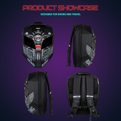 Hookaba: LED Eyes Adventure Motorcycle, Bikers Expandable Backpack India-Premium ABS & PC Hard Shell Fabric-15.6" inch Laptop-31 Ltrs | Waterproof IPX5 | 1 year Warranty (Black)