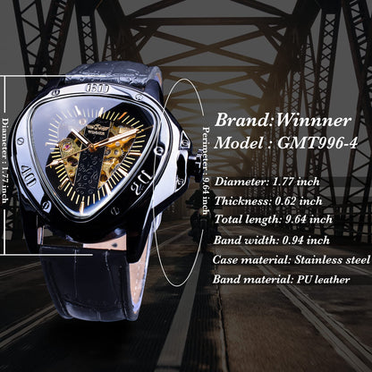 FORSINING Winner Fashion Mechanical Wrist Watch Triangle Racing Dial, Waterproof Golden Skeleton Dial Automatic Movement Leather Design Mechanical Analog Watch For Men, Black,