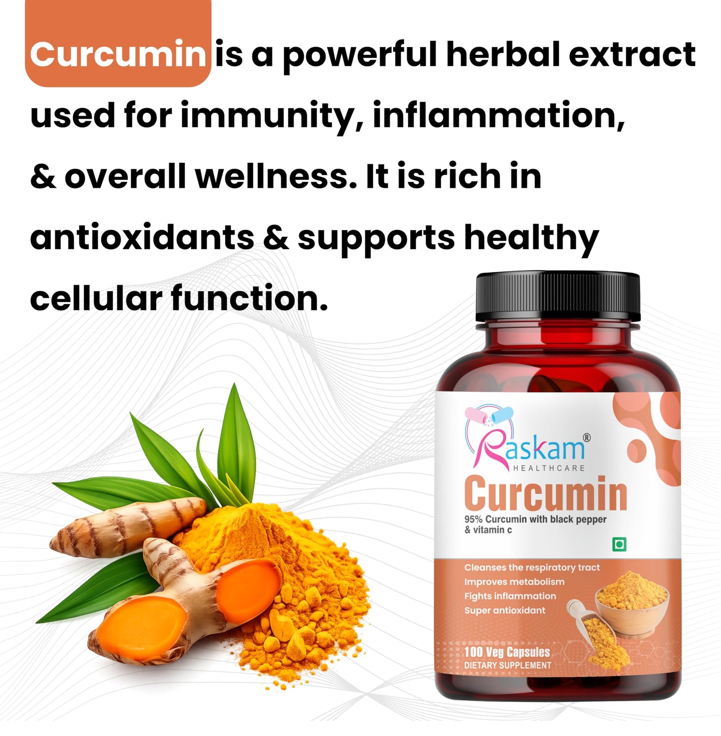 Raskam Curcumin 100 veg capsules-with 95% Curcuminoids - Higher Absorption- Antioxidant & Anti-inflammatory Supplement - For Skin, Joint Support, Boosts Immune System