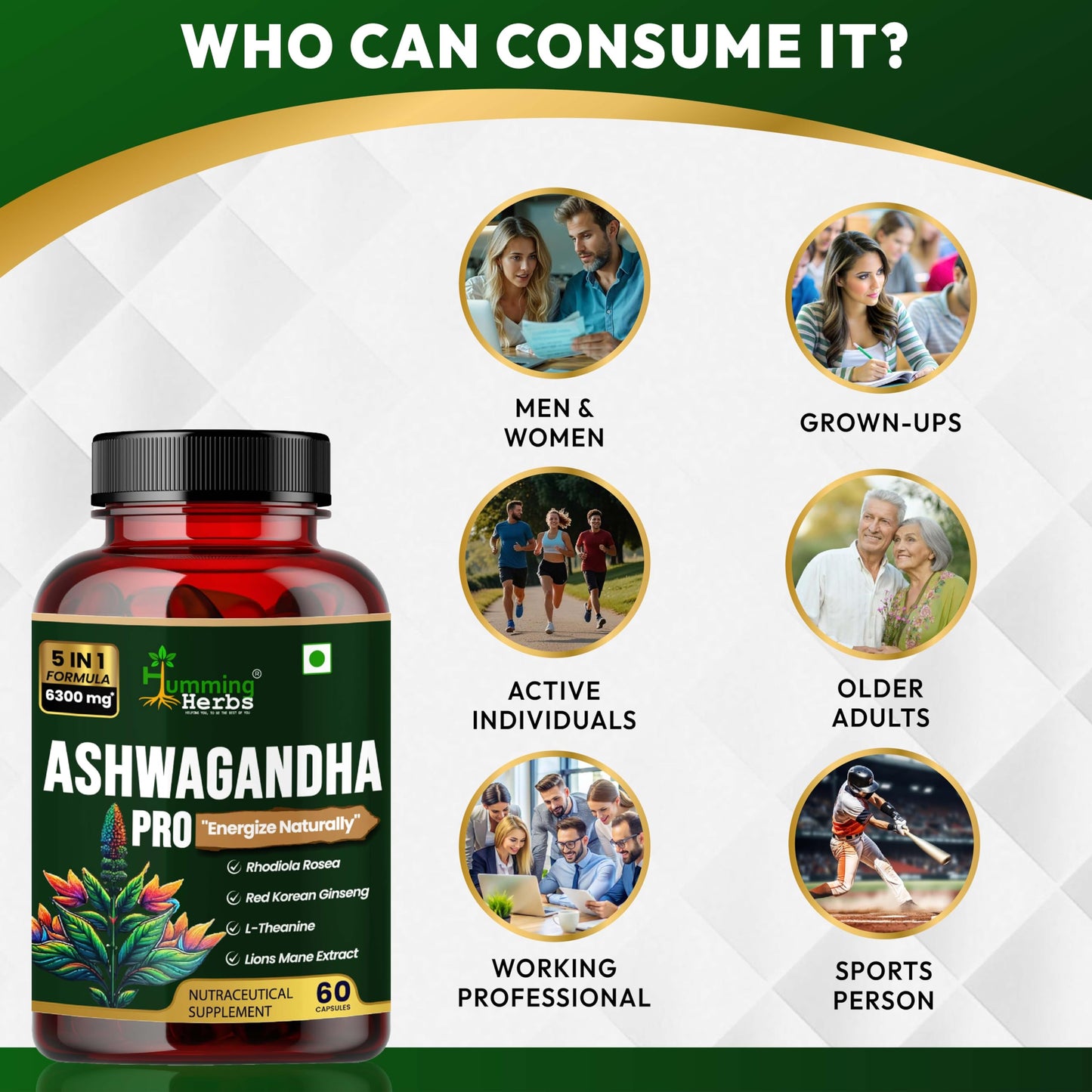 Humming Herbs Ashwagandha Pro - High Potency Adaptogen Blend with Rhodiola Rosea, Red Korean Ginseng, L-Theanine, & Lion's Mane - Natural Stress Relief & Cognitive Support(60 Caps)