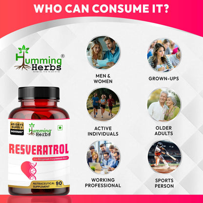 Humming Herbs Resveratrol 9000 mg Capsules | Supports Heart Health, Anti-Inflammatory & Antioxidant Benefits | 45 Days Supply | Vegan, Natural, High Potency | Nutraceutical Supplement - 90 Capsules