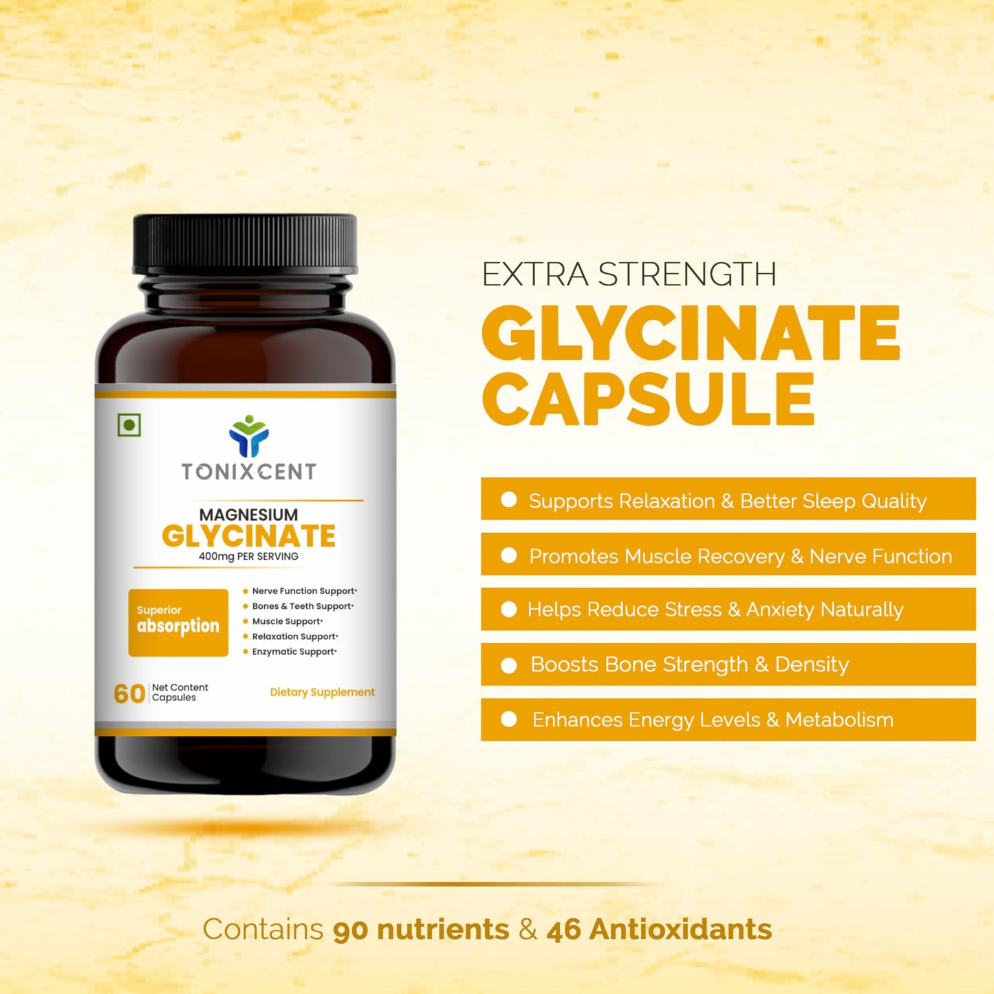 TONIXCENT Calm Digestion Blend | Garlic 650mg & Magnesium Glycinate 400mg Capsules | Supports Stress Relief, Heart Health & Muscle Recovery | 60+60 Vegan Capsules