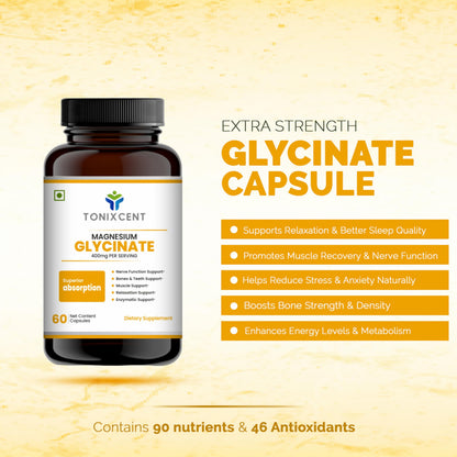 TONIXCENT Calm Digestion Blend | Garlic 650mg & Magnesium Glycinate 400mg Capsules | Supports Stress Relief, Heart Health & Muscle Recovery | 60+60 Vegan Capsules