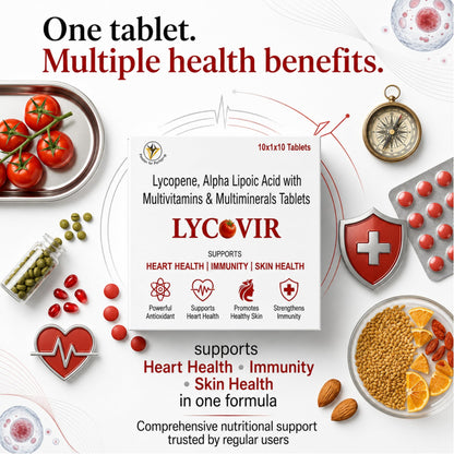 Virgo Healthcare Lycovir Lycopene & Essential Vitamins Tablets | Antioxidant Supplement with Lycopene, Multivitamins | Daily Nutritional Support, Immune Health & General Wellness | 5 x 10 Tablets