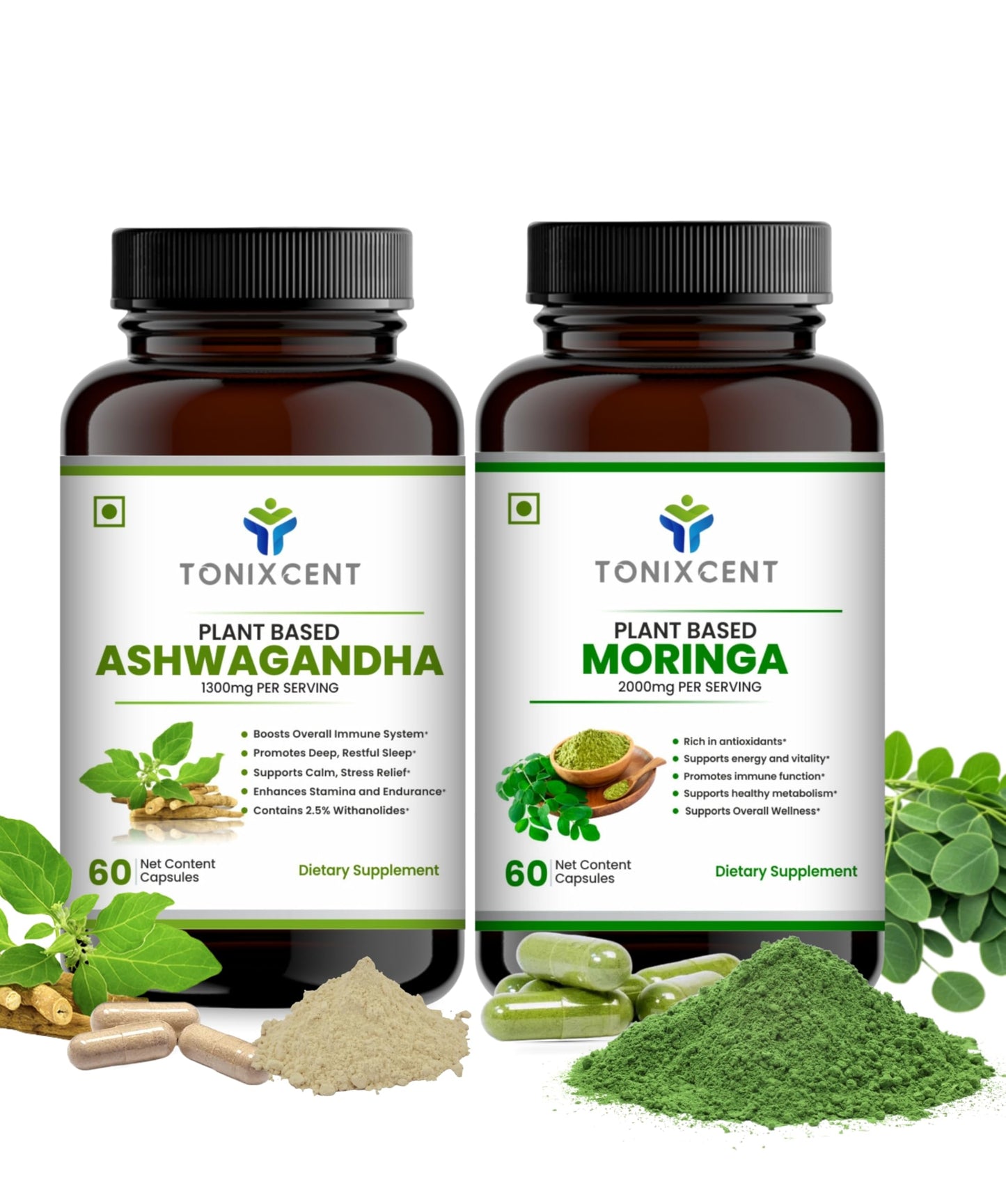 TONIXCENT Hormone Balance Duo | Ashwagandha 1300mg & Moringa 2000mg Capsules | Reduces Stress, Boosts Energy & Immunity | 60+60 Vegan Capsules