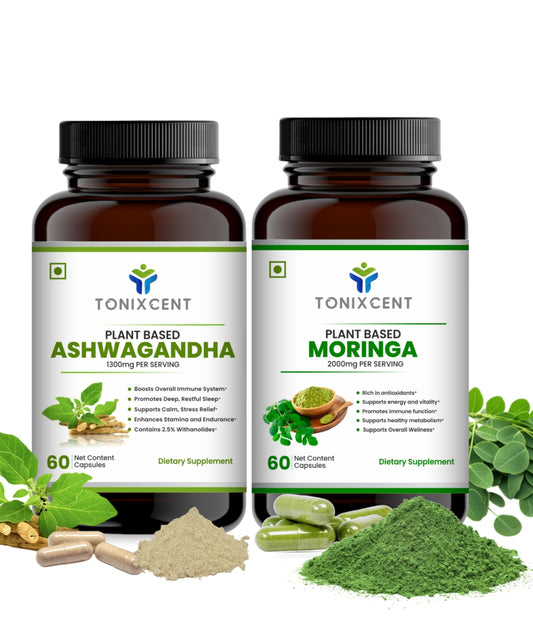 TONIXCENT Hormone Balance Duo | Ashwagandha 1300mg & Moringa 2000mg Capsules | Reduces Stress, Boosts Energy & Immunity | 60+60 Vegan Capsules