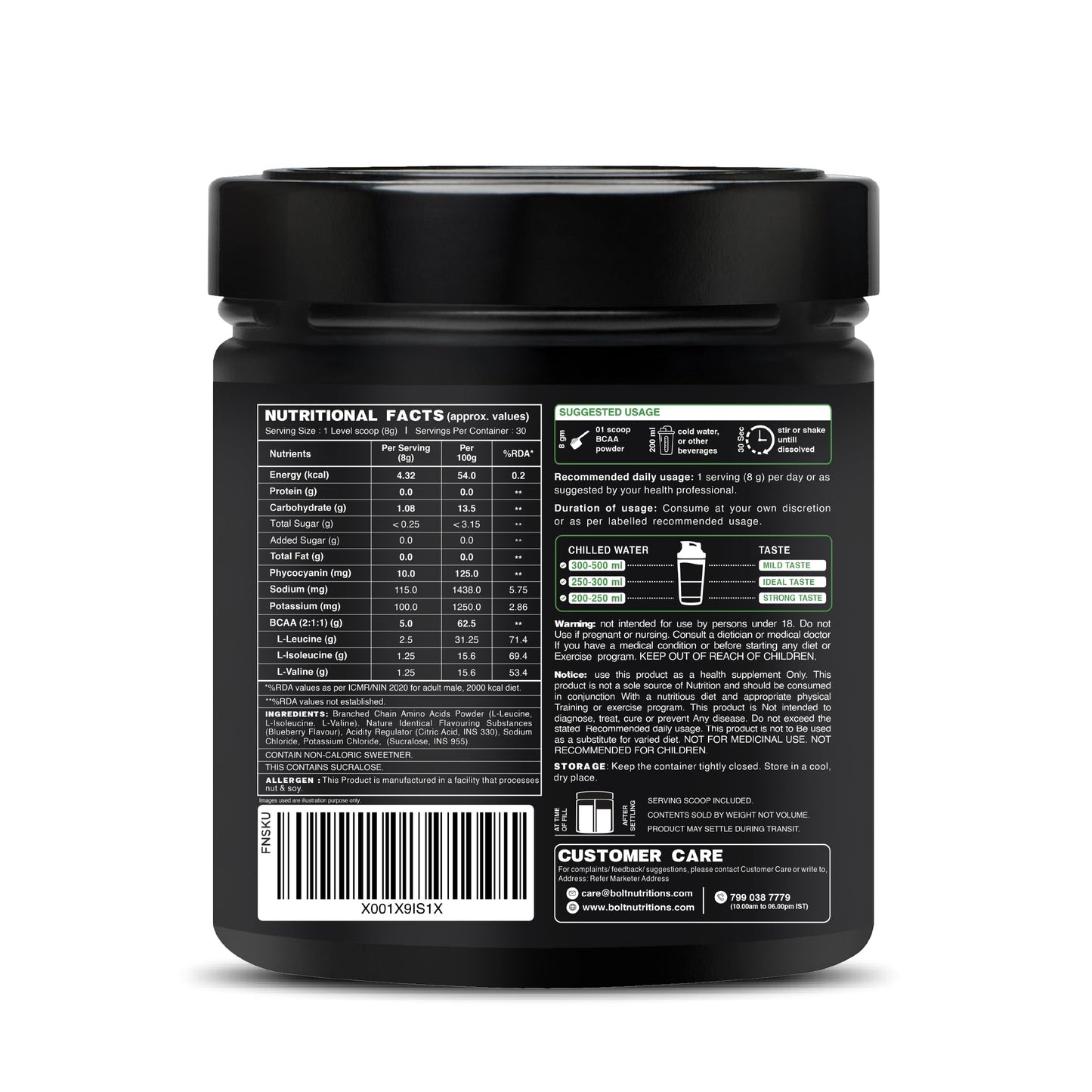 Bolt Bcaa 5000, 30 Servings, Optimal 2:1;1 Ratio For Muscle Recovery Gain & Endurance(Blueberry Blast, 240Gm) - Powder