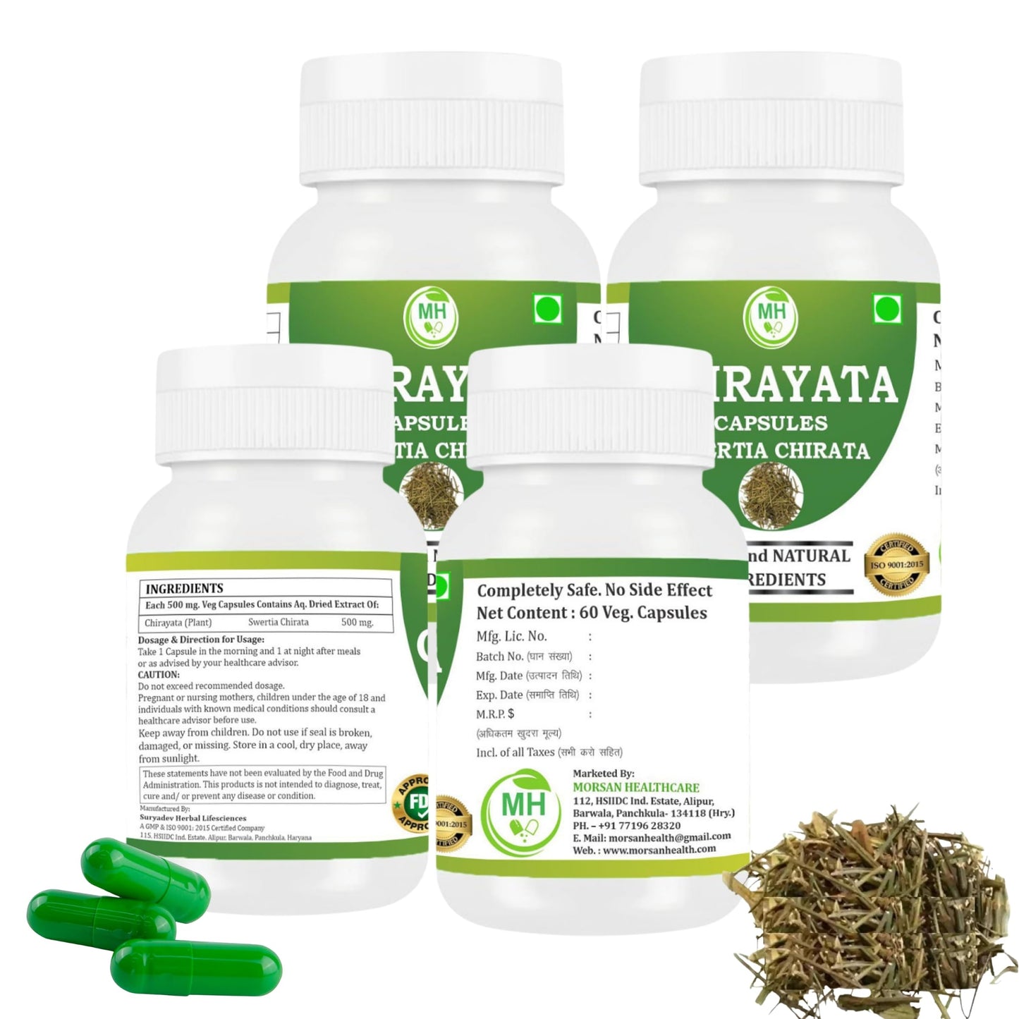 MORSAN HEALTHCARE Chirata herb capsules 500 mg – 60 Veg Capsules x 4 Pack | Swertia Chirata Extract | Herbal Supplement | Gluten-Free & Vegan-Friendly