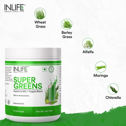 INLIFE Super Greens Powder Supplement | Spirulina, Moringa, Chlorella, Alfalfa, Wheat Grass, Barley Grass Blend | 200g