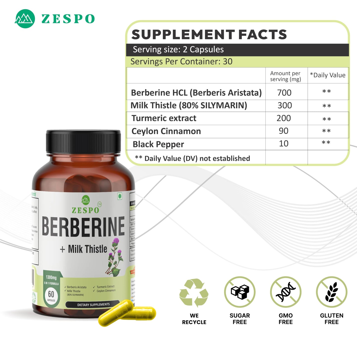 Zespo BERBERINE - Enhanced Formula with Milk Thistle, Turmeric & Cinnamon for Metabolic and Liver Support