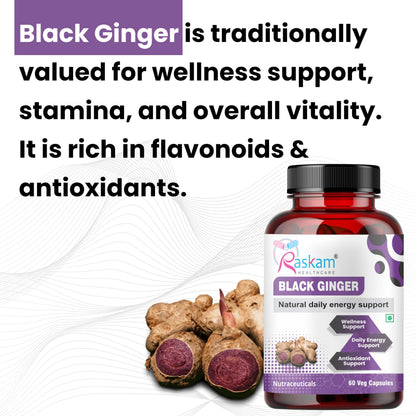 Raskam Black Ginger Capsules, 60 Veg Capsules Each, Improves Circulation, Boosts Energy with Powerful Antioxidants (Pack of 2)