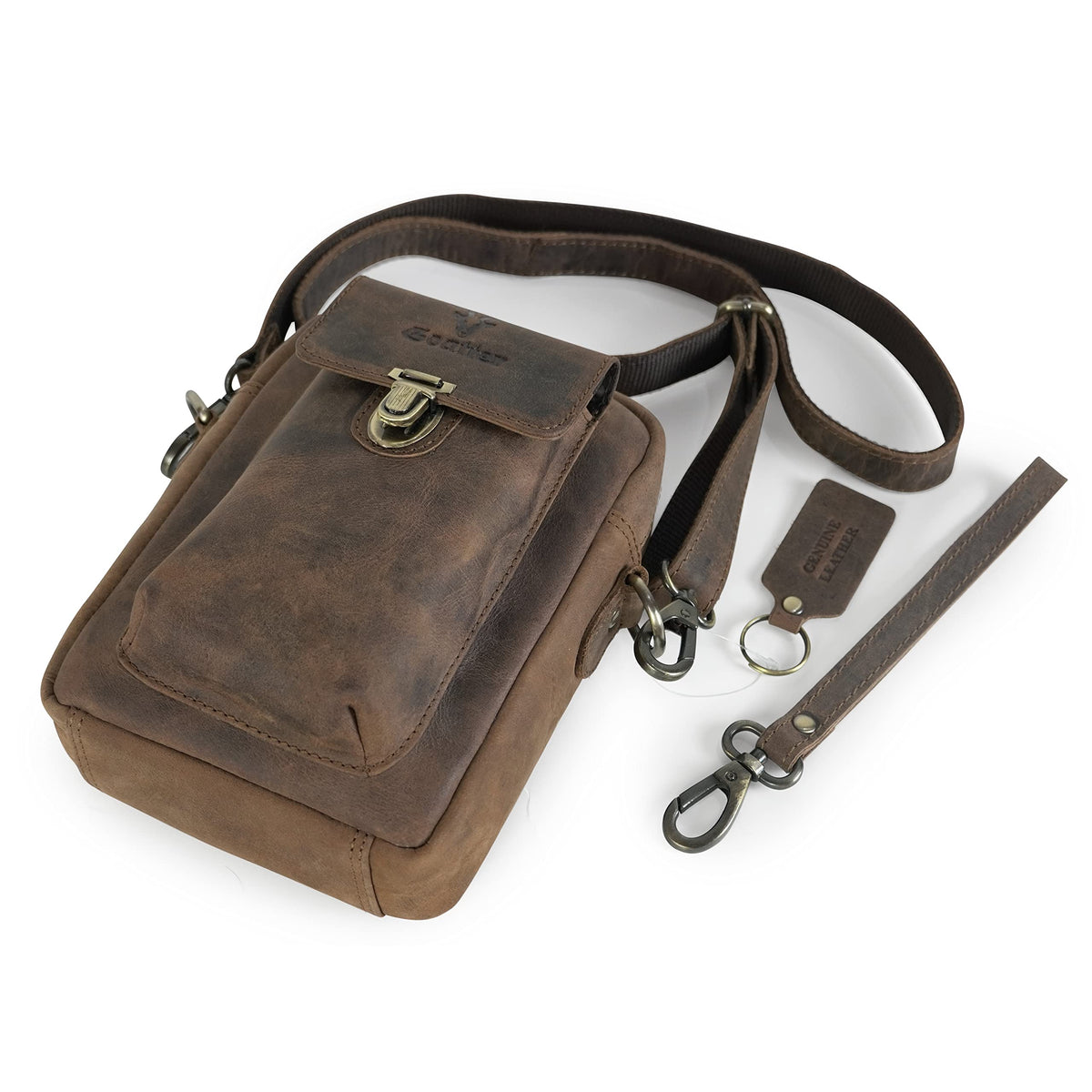 Goatter Hunter Leather Unisex Sling Cross-Body Bag, Compact Organizer, Dual Adjustable Straps, Zipper Closure,