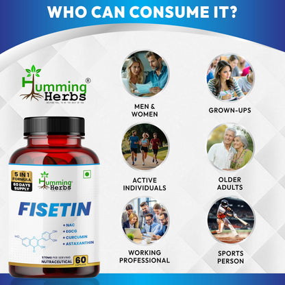 Humming Herbs Fisetin Supplement with NAC, EGCG, Curcumin & Astaxanthin | 5-in-1 Formula | Nutraceutical Capsules (60)