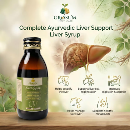 Grosum Liver Syrup – With 17 Ayurvedic Herbs like Rohitaka, Punarnava, Guduchi & Amla, 200ml