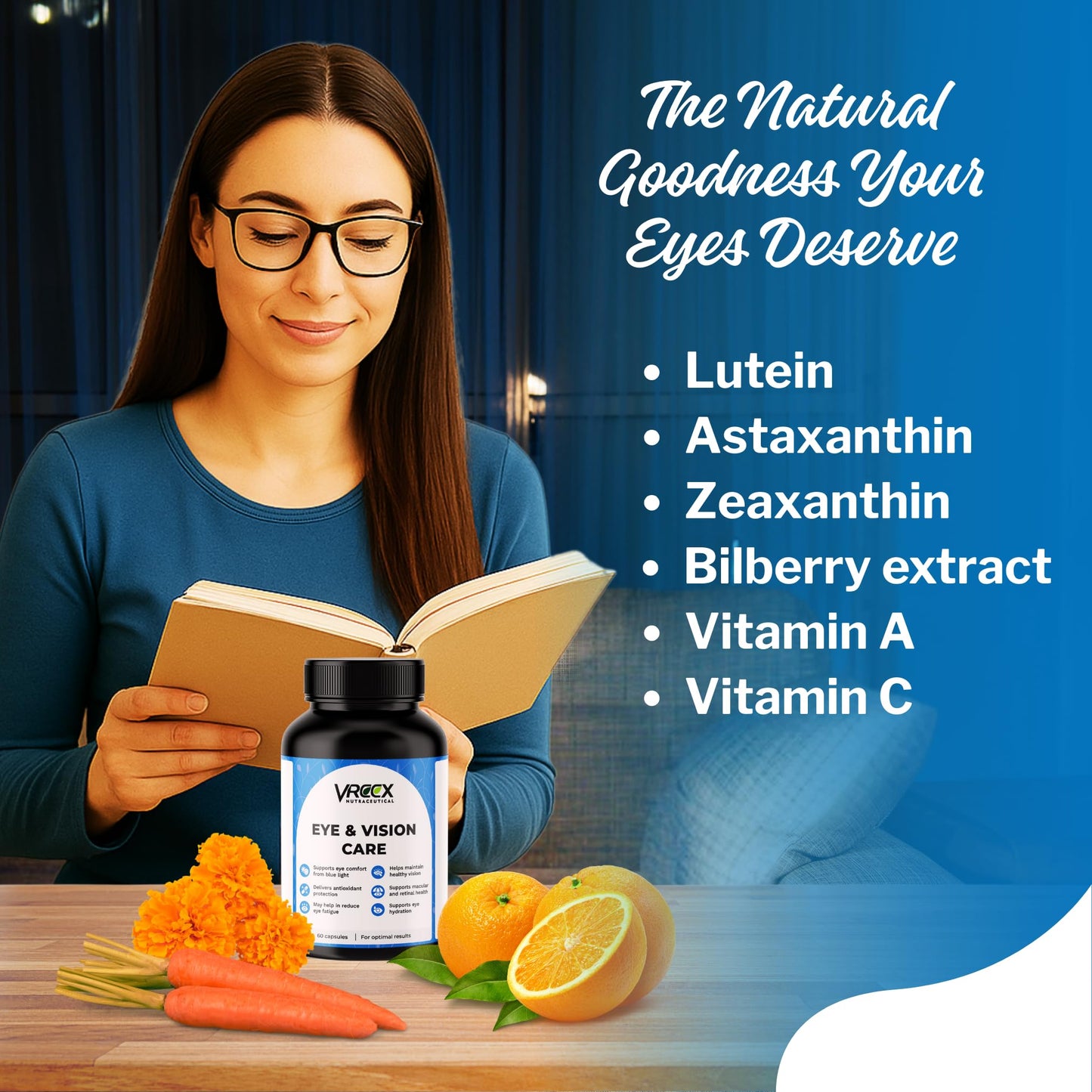 VREEX Eye & Vision Care Capsules with Lutein, Astaxanthin, Zeaxanthin, Bilberry Extract, Vitamin A & C | Supports Eye Health, Vision & Antioxidant Support – (60 Veg Capsules)