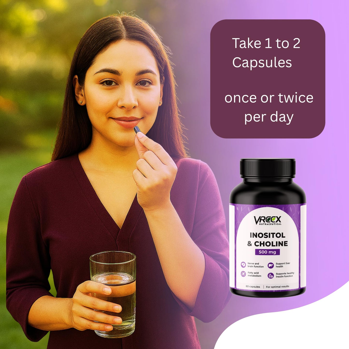 VREEX Choline & Inositol 500 mg – Supports Brain Function, Liver Health & Fat Metabolism, Nootropic Supplement- 60 Veg Capsules (Pack of 2)