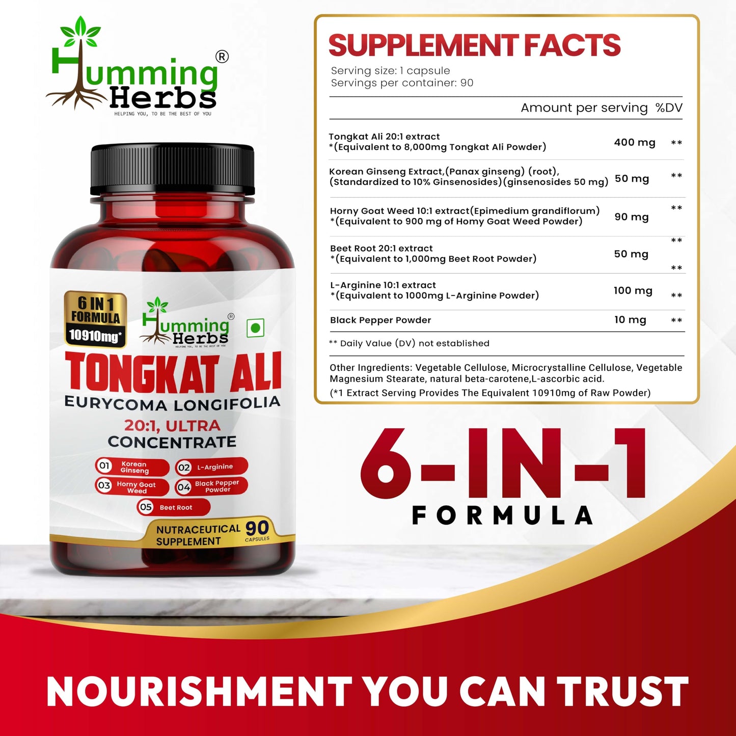 Humming Herbs Tongkat Ali Eurycoma Longifolia 6-in-1 Blend with Korean Ginseng, Horny Goat Weed, L-Arginine, Black Pepper Powder, and Beet Root for Men's Health