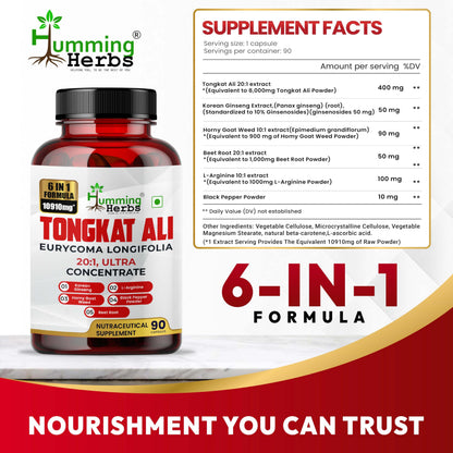 Humming Herbs Tongkat Ali Eurycoma Longifolia 6-in-1 Blend with Korean Ginseng, Horny Goat Weed, L-Arginine, Black Pepper Powder, and Beet Root for Men's Health