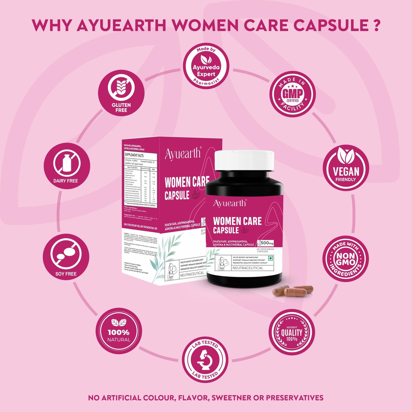 Ayuearth Women Care Capsule 500 mg | Women Wellness | Multiherbal Capsule | Support Female Immune System | Promotes Energy Levels | Restore Hormonal Balance | 60 Veg Capsules
