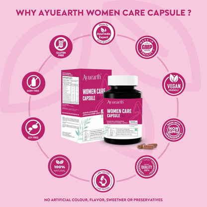 Ayuearth Women Care Capsule 500 mg | Women Wellness | Multiherbal Capsule | Support Female Immune System | Promotes Energy Levels | Restore Hormonal Balance | 60 Veg Capsules