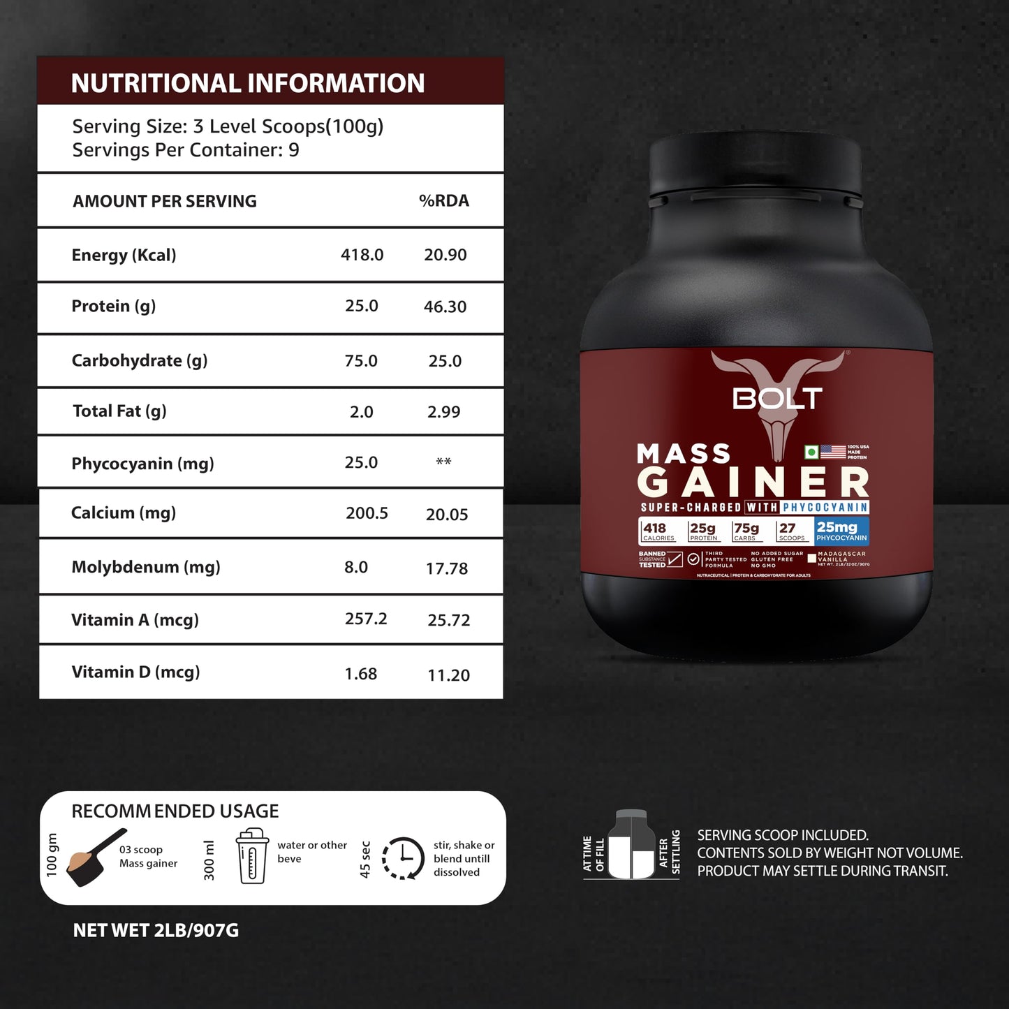 Bolt Mass Gainer Powder | Weight Gainer | Supercharge With Phycocyanin | 25G Protein, 75G Carbs & 412 Calories Per Servings | For Muscle & Weight Gain Objectives | 2Lb/907G | Madagascar Vanilla