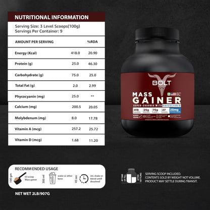 Bolt Mass Gainer Powder | Weight Gainer | Supercharge With Phycocyanin | 25G Protein, 75G Carbs & 412 Calories Per Servings | For Muscle & Weight Gain Objectives | 2Lb/907G | Madagascar Vanilla
