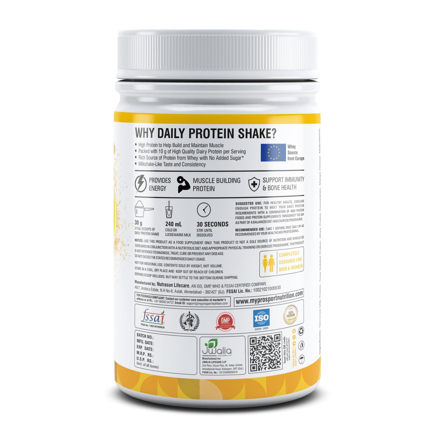 Mypro Sport Nutrition Daily Protein Shake 118 kcal Calories,25 Vitamin,Minerals & 7 Herbs,Provide Energy,Support Immunity & bone Health-For Men & Women Mango Milk Shake Flavor -400Gm-40 Servings
