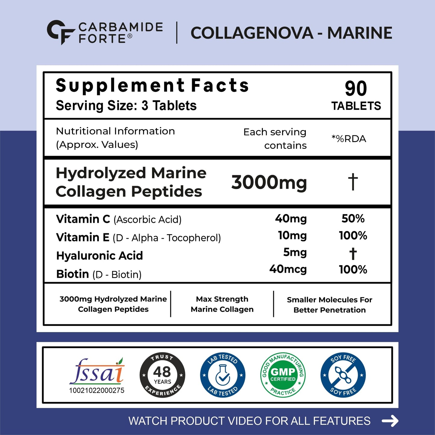 Carbamide Forte Hydrolyzed Marine Collagen Tablets | 3000mg Collagen Peptides with Biotin & Hyaluronic Acid - Type 1 Marine Collagen Powder | Marine Collagen Supplements for Women & Men - 90 Tablets